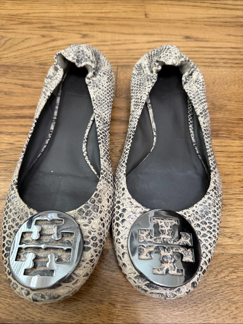 Tory Burch Snake-Embossed Reva Flats in Beige and Black Logo